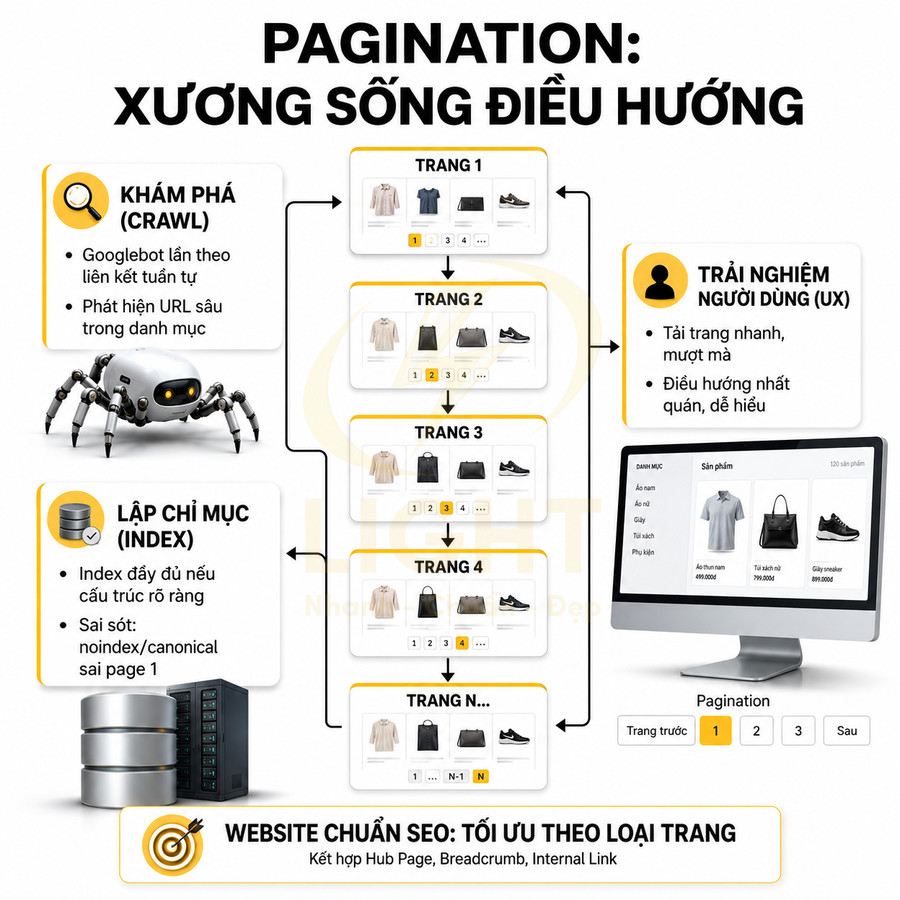 Infographic hướng dẫn phân trang website chuẩn SEO với ví dụ danh sách sản phẩm thời trang trên trang thương mại điện tử