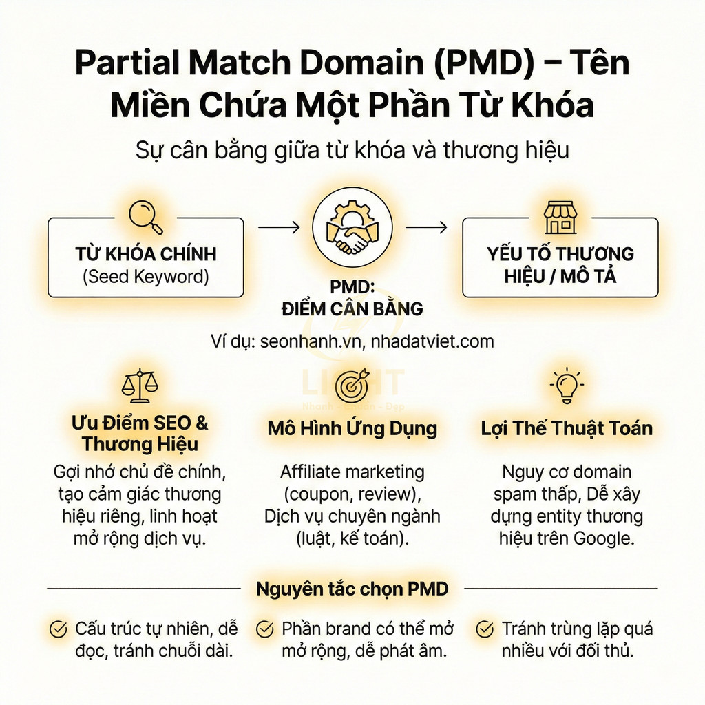 Infographic giải thích Partial Match Domain PMD và ưu điểm SEO thương hiệu khi chọn tên miền chứa một phần từ khóa