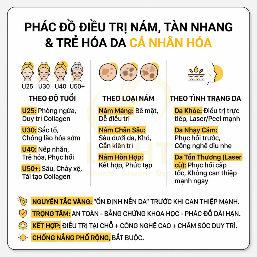 Phác đồ điều trị nám tàn nhang và trẻ hóa da cá nhân hóa theo độ tuổi loại nám và tình trạng da