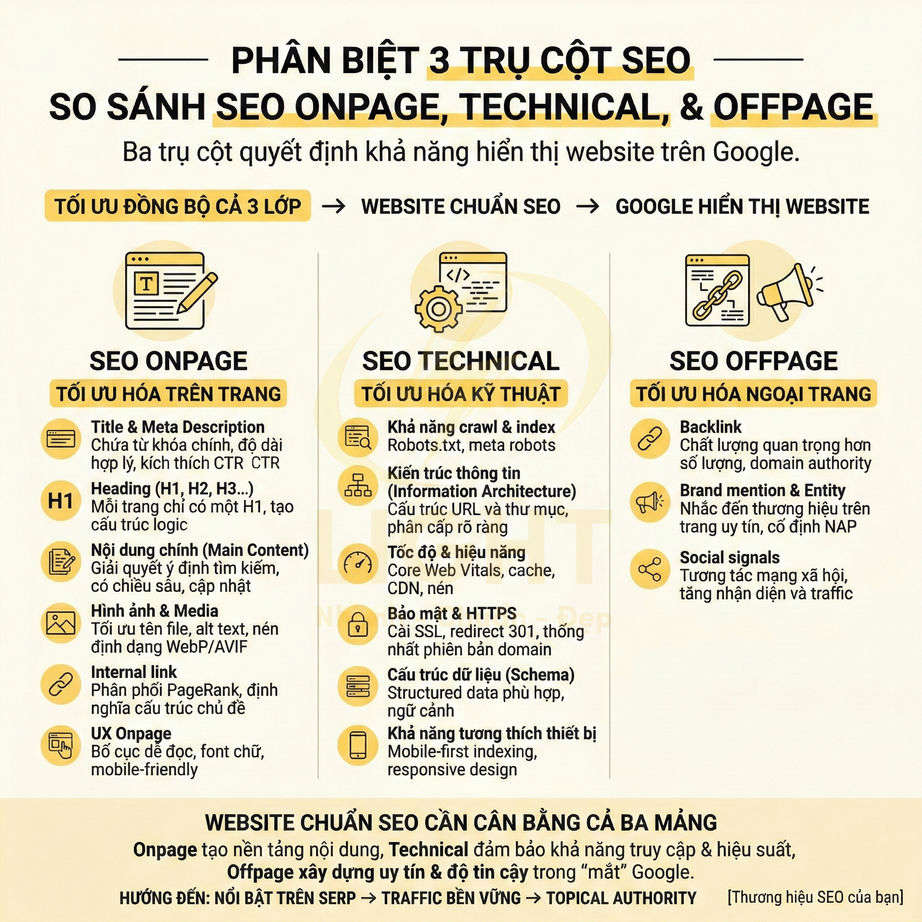 Infographic phân biệt 3 trụ cột SEO Onpage Technical Offpage và các yếu tố tối ưu website chuẩn SEO