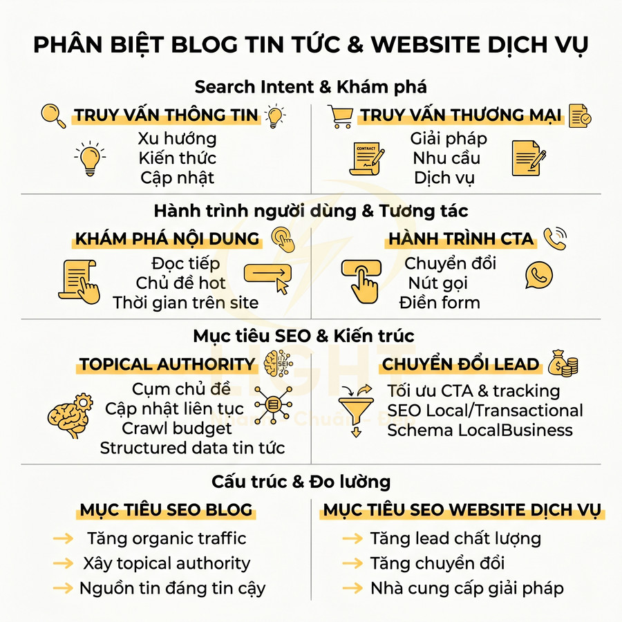 Infographic phân biệt blog tin tức và website dịch vụ về search intent, hành trình người dùng, mục tiêu SEO và đo lường