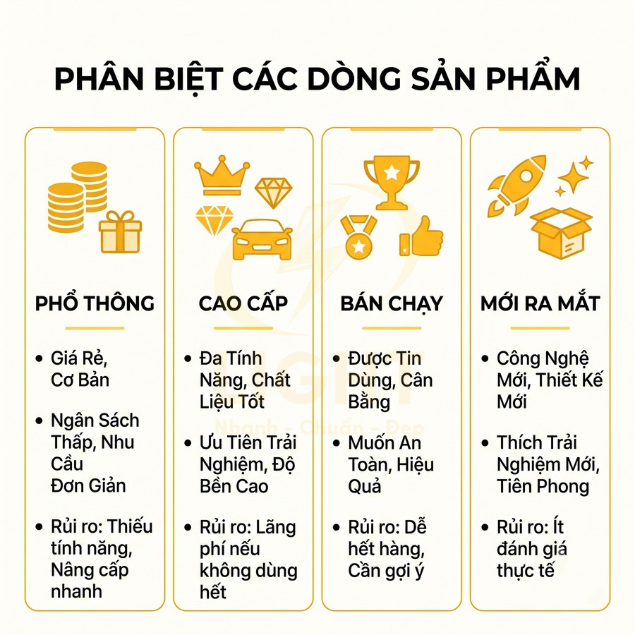 Bảng so sánh các dòng sản phẩm phổ thông, cao cấp, bán chạy và mới ra mắt cùng ưu nhược điểm