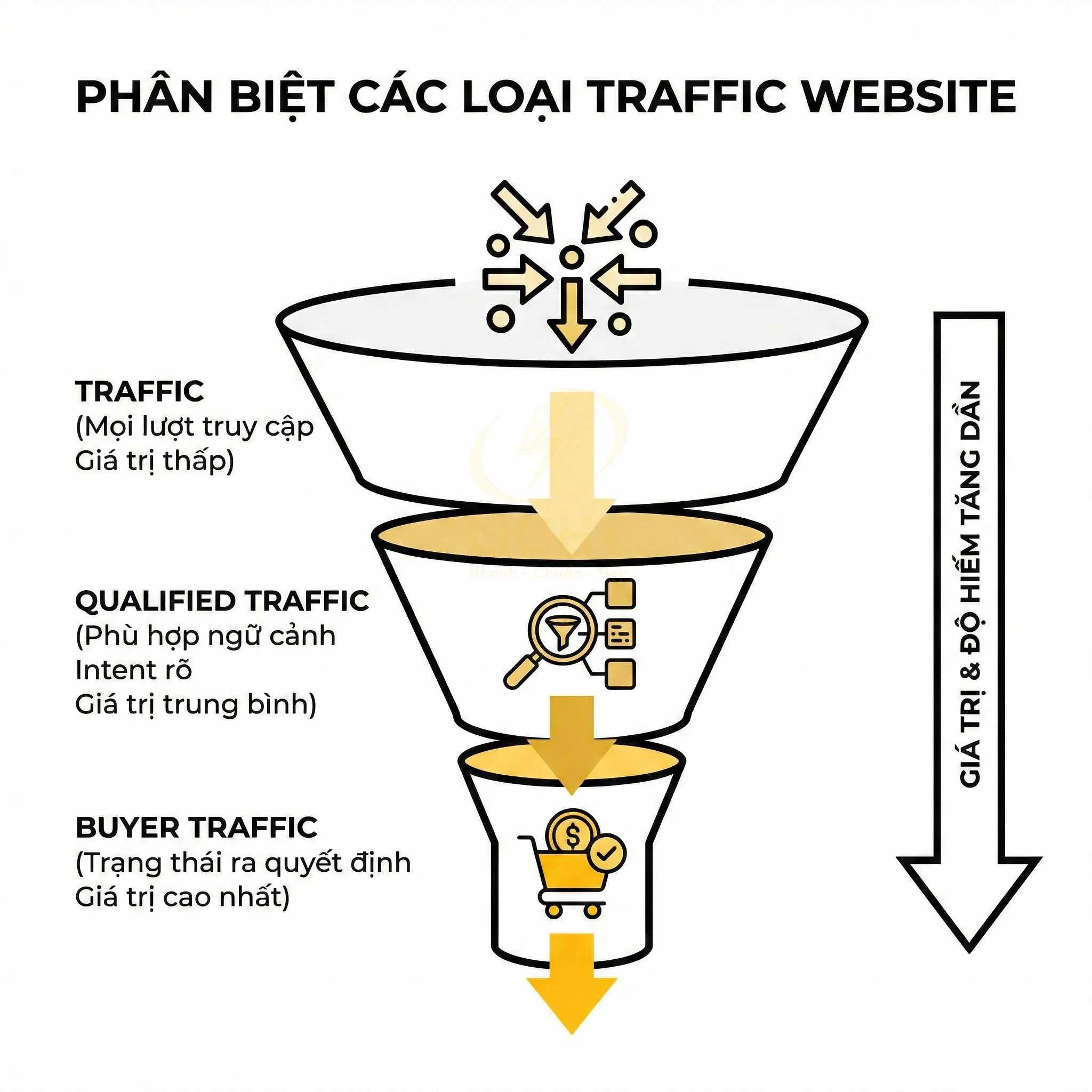 Phễu marketing phân biệt traffic website, qualified traffic và buyer traffic theo giá trị chuyển đổi