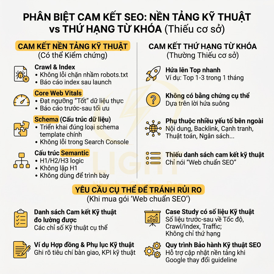 Infographic phân biệt cam kết SEO nền tảng kỹ thuật và cam kết thứ hạng từ khóa, nêu rõ các tiêu chí kỹ thuật cần đo lường