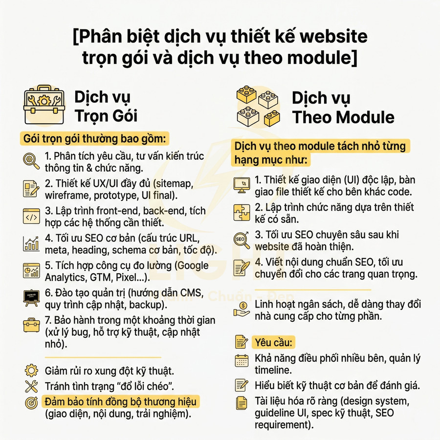 Infographic so sánh dịch vụ thiết kế website trọn gói và dịch vụ theo module, liệt kê hạng mục và yêu cầu chi tiết