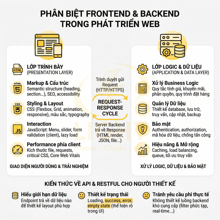Infographic phân biệt frontend và backend trong phát triển web, giải thích vai trò, dữ liệu và lợi ích cho người thiết kế