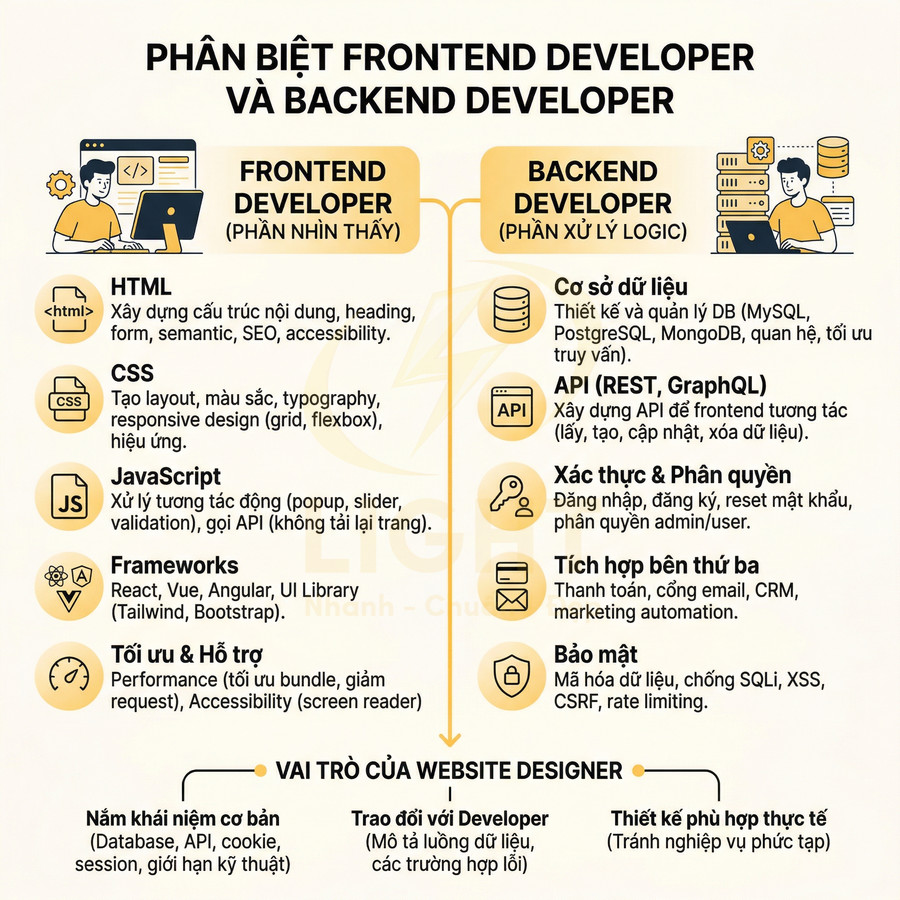 So sánh vai trò frontend developer và backend developer trong quy trình thiết kế website