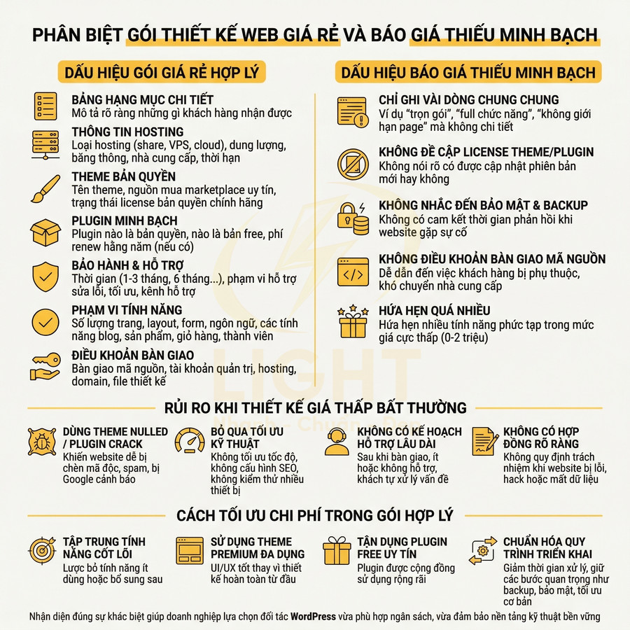 Infographic phân biệt gói thiết kế web giá rẻ minh bạch và báo giá thiếu minh bạch, nêu dấu hiệu và rủi ro khi chọn dịch vụ