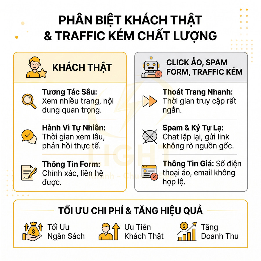 Infographic phân biệt khách hàng thật và traffic kém chất lượng trong marketing online, nhấn mạnh tối ưu chi phí và tăng doanh thu