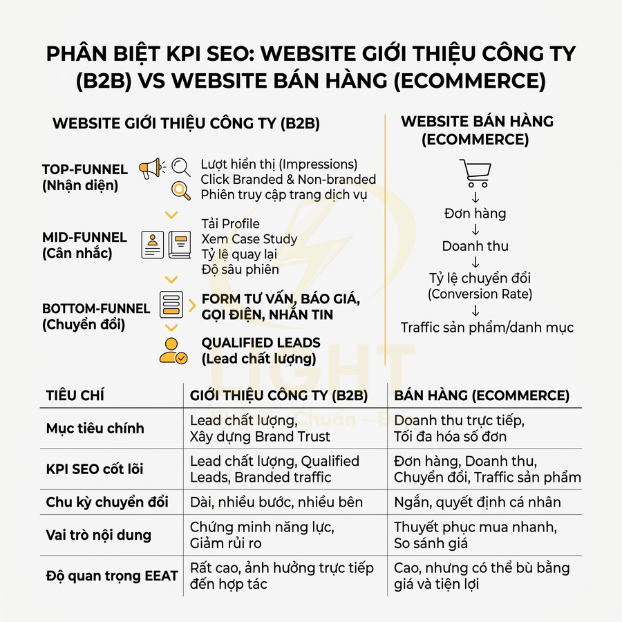 Bảng so sánh KPI SEO giữa website giới thiệu công ty B2B và website bán hàng ecommerce bằng tiếng Việt