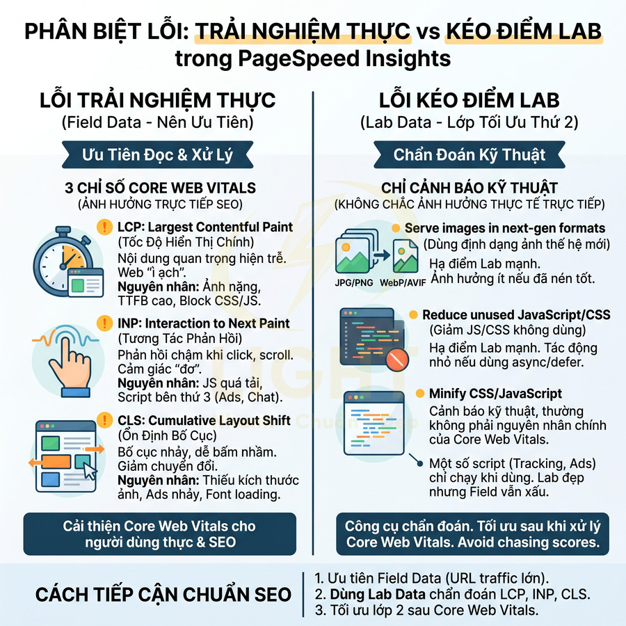 Infographic so sánh lỗi trải nghiệm thực và lỗi kéo điểm lab trong PageSpeed Insights, tập trung Core Web Vitals SEO