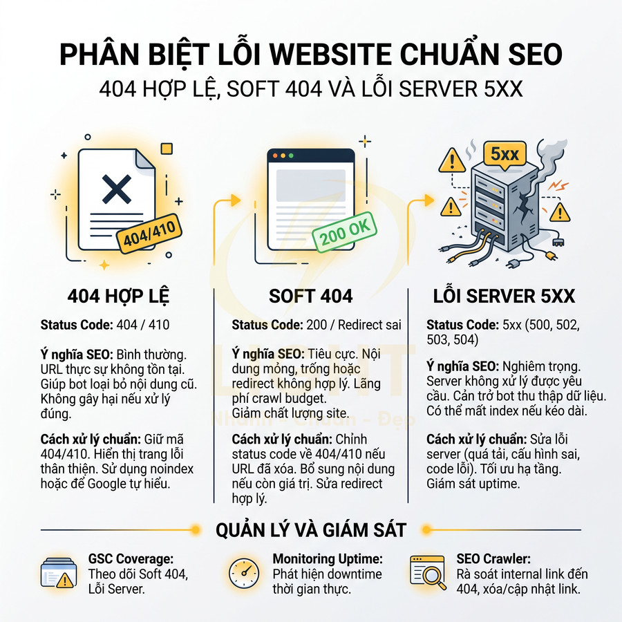 Infographic phân biệt lỗi website chuẩn SEO gồm 404 hợp lệ, soft 404 và lỗi server 5xx cùng cách xử lý