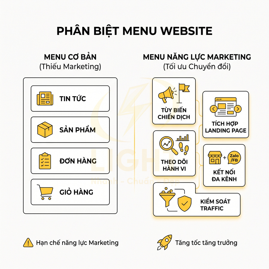 So sánh menu website cơ bản và menu tối ưu marketing với các mục chiến dịch, landing page, đa kênh, kiểm soát traffic