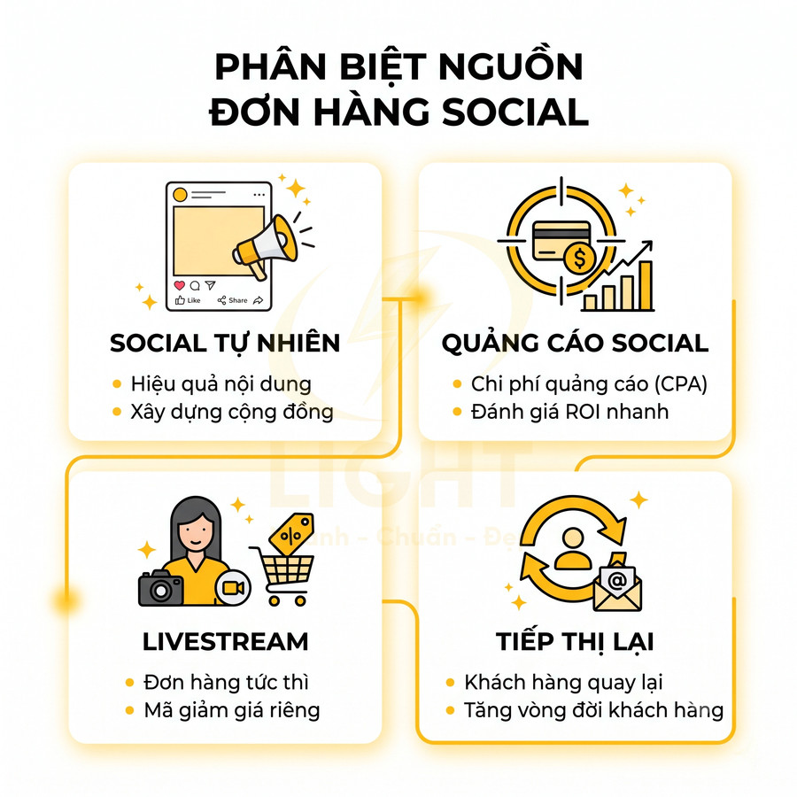 Infographic phân biệt nguồn đơn hàng social gồm social tự nhiên, quảng cáo social, livestream và tiếp thị lại