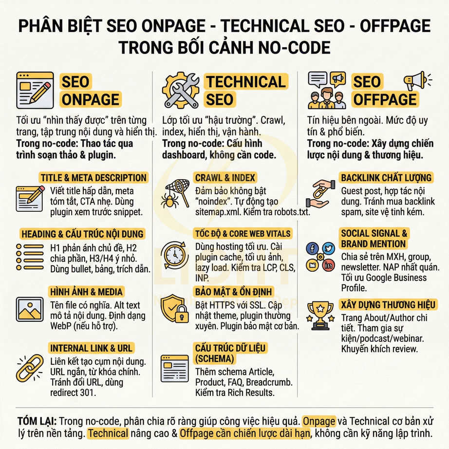 Infographic phân biệt SEO Onpage Technical SEO và SEO Offpage trong bối cảnh no code bằng tiếng Việt