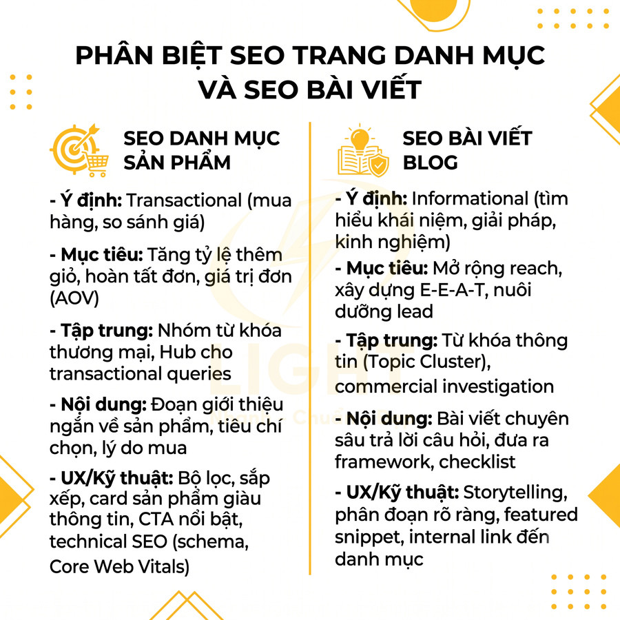 So sánh SEO trang danh mục sản phẩm và SEO bài viết blog với ý định, mục tiêu, nội dung và kỹ thuật UX khác nhau