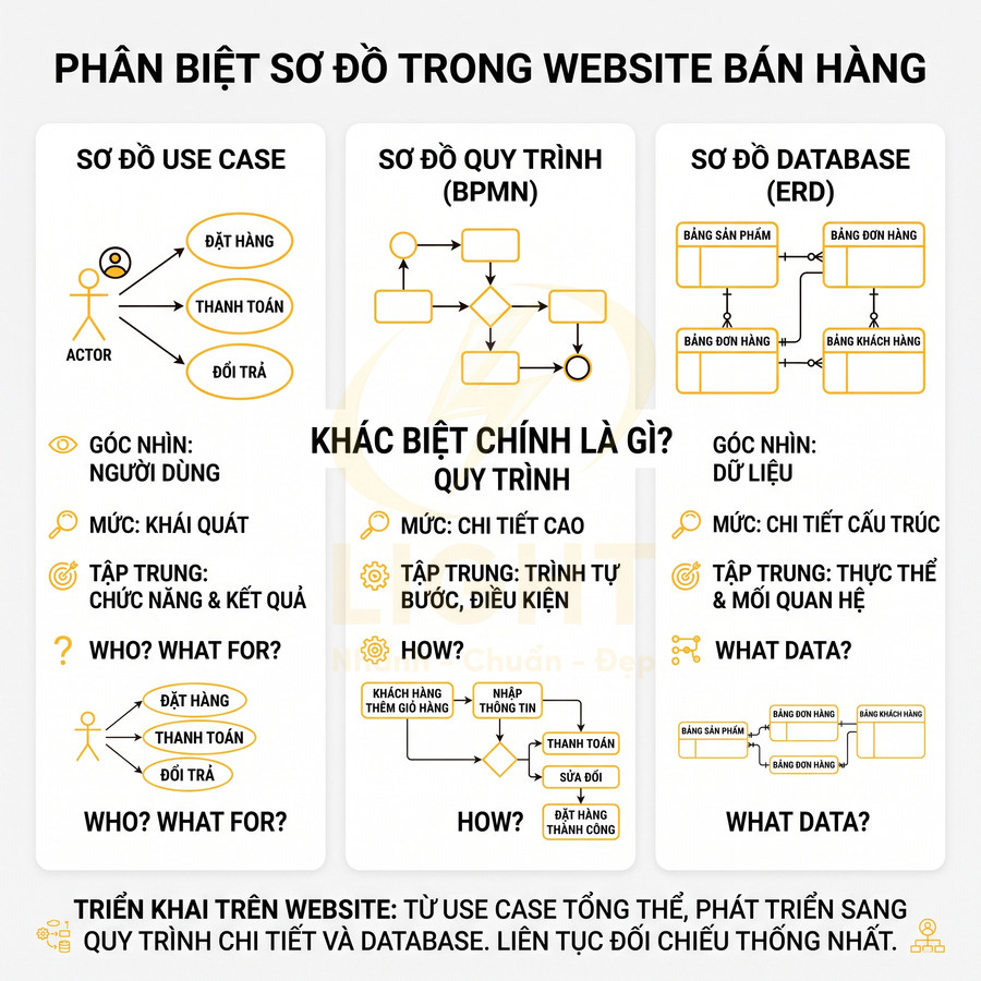 So sánh sơ đồ use case, quy trình BPMN và sơ đồ database ERD trong thiết kế website bán hàng