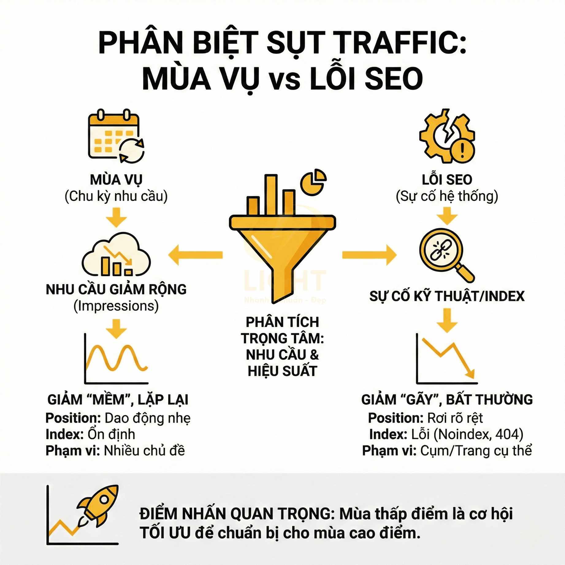 Phân biệt sụt traffic do mùa vụ và lỗi SEO với các biểu đồ, phễu phân tích và lưu ý tối ưu website