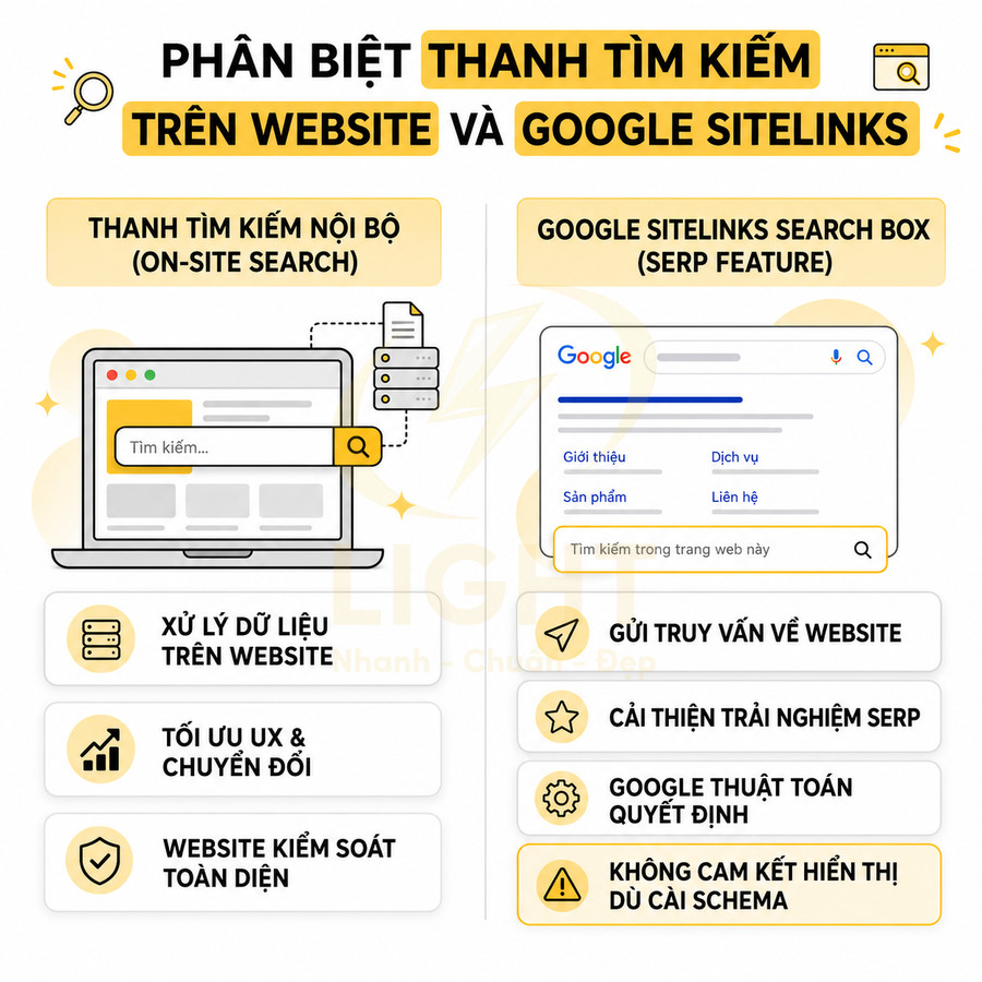 So sánh thanh tìm kiếm nội bộ website và Google Sitelinks Search Box với ưu nhược điểm từng loại
