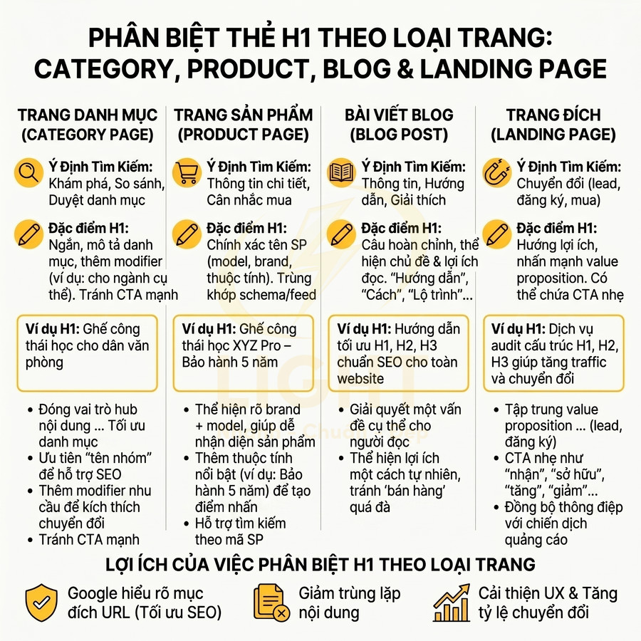 Hướng dẫn phân biệt thẻ H1 cho trang category, product, blog post và landing page chuẩn SEO