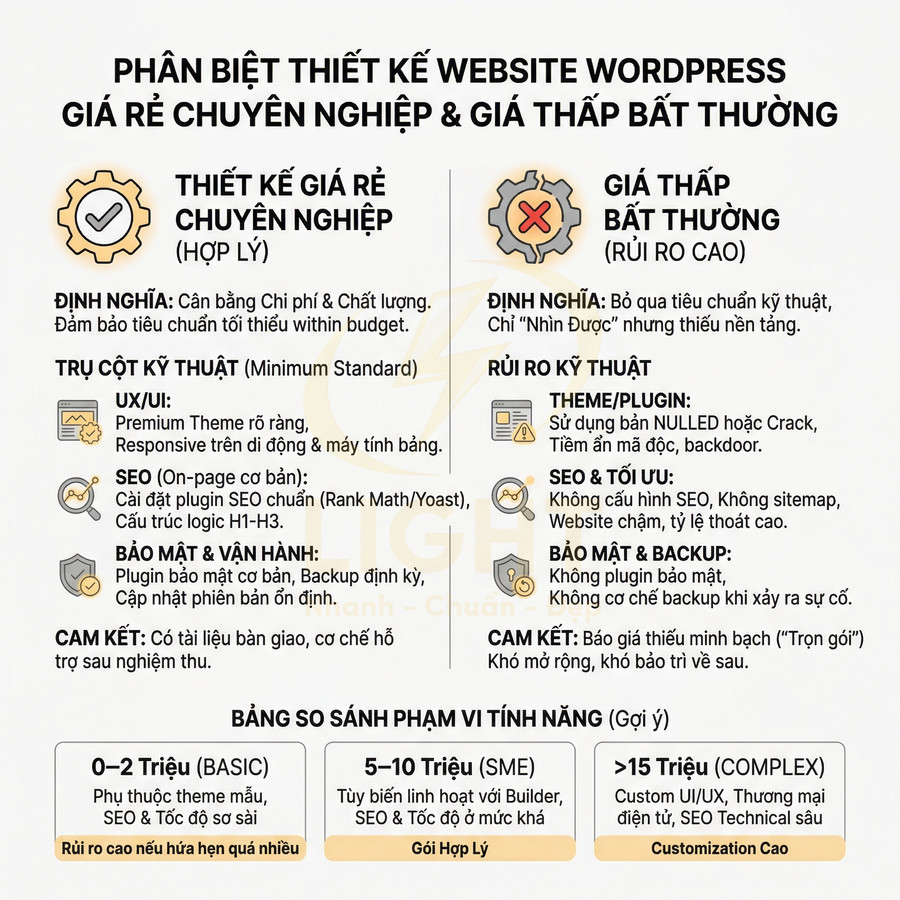 Infographic so sánh thiết kế website WordPress giá rẻ chuyên nghiệp và giá thấp bất thường về kỹ thuật và rủi ro
