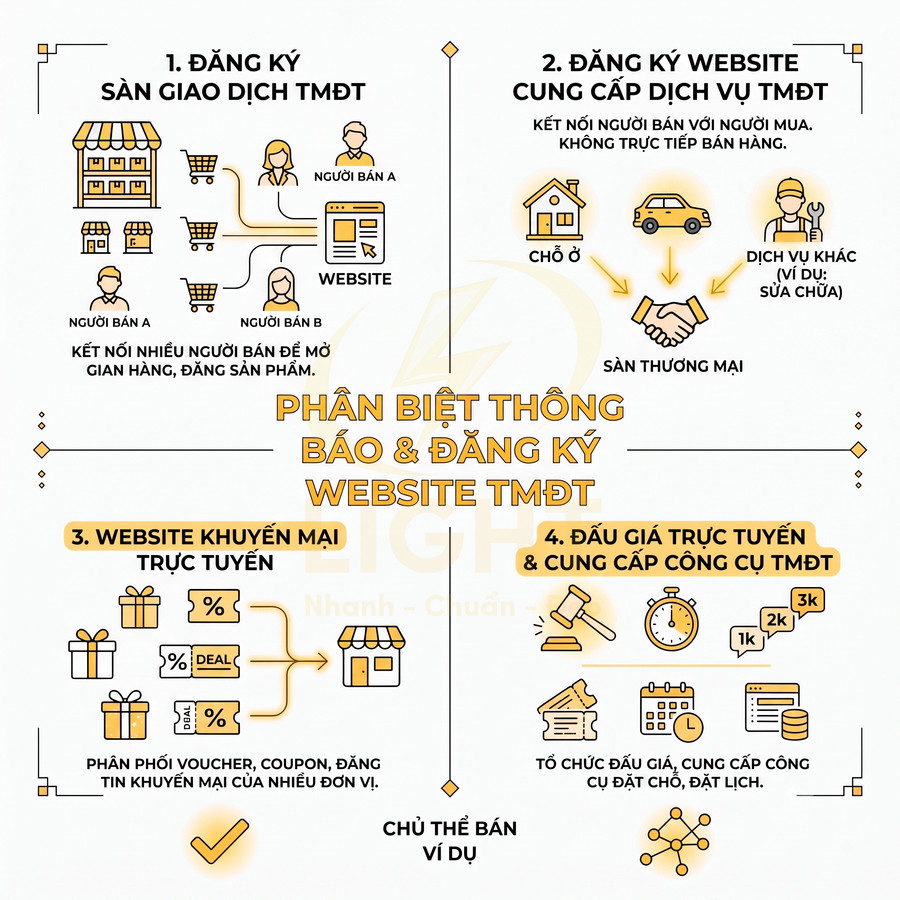 Infographic phân biệt thông báo và đăng ký website thương mại điện tử, gồm sàn giao dịch, dịch vụ, khuyến mãi, đấu giá