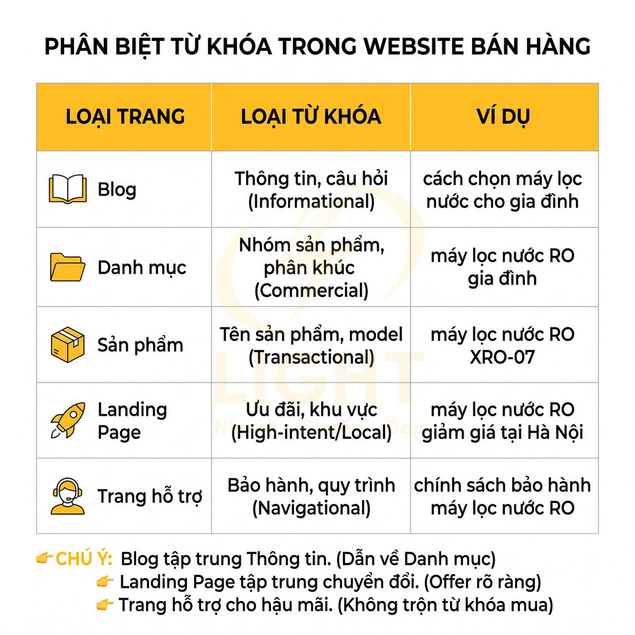 Bảng phân biệt từ khóa cho các loại trang website bán máy lọc nước RO