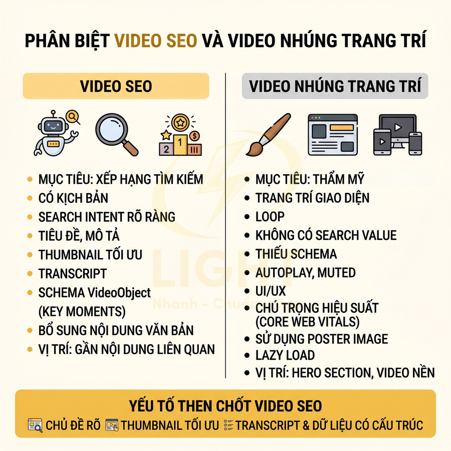 So sánh đặc điểm video SEO và video nhúng trang trí, nêu mục tiêu, cấu trúc và yếu tố tối ưu tìm kiếm