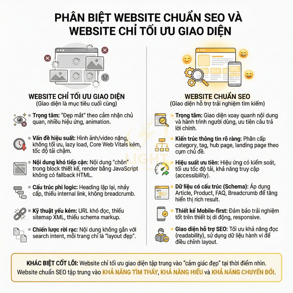 So sánh website chuẩn SEO và website chỉ tối ưu giao diện với các tiêu chí về nội dung, cấu trúc và trải nghiệm