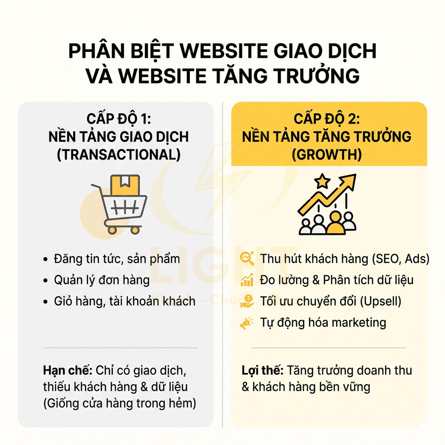 So sánh website giao dịch và website tăng trưởng, nêu tính năng, hạn chế và lợi thế cho doanh nghiệp
