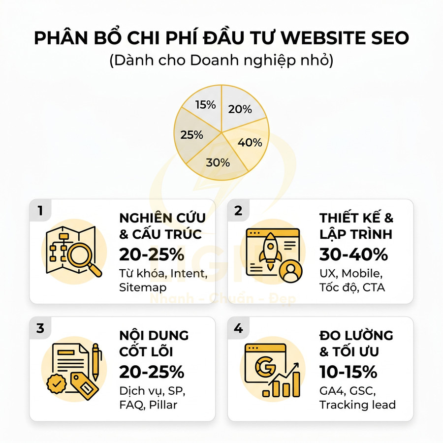 Phân bổ chi phí đầu tư website SEO cho doanh nghiệp nhỏ với 4 hạng mục và tỷ lệ phần trăm chi tiết