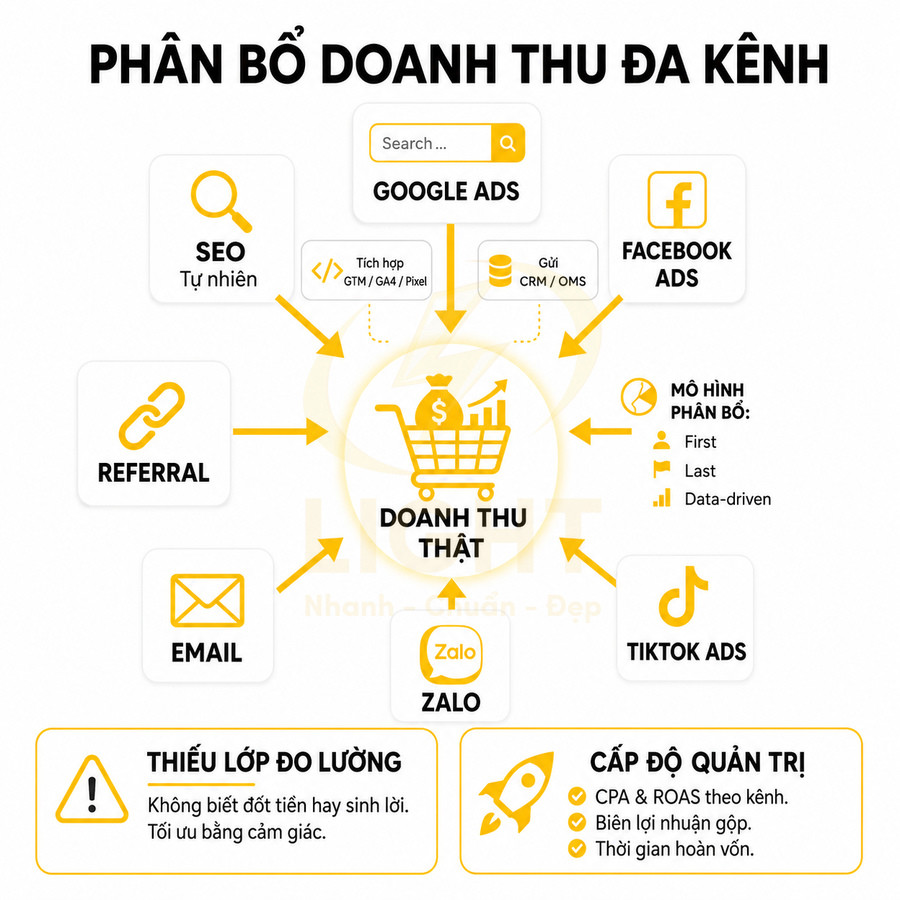 Sơ đồ phân bổ doanh thu đa kênh từ SEO, Google Ads, Facebook Ads, TikTok Ads, Email, Referral và Zalo