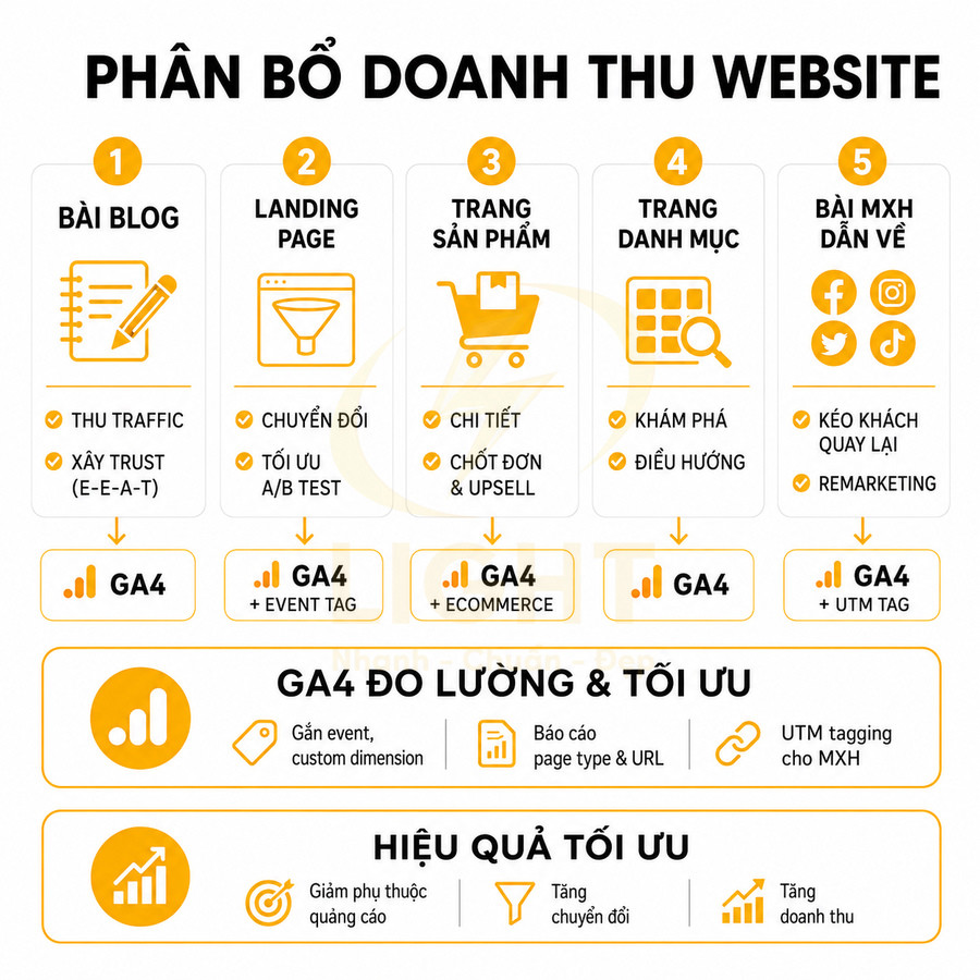 Phân bổ doanh thu website theo từng loại trang và kênh, đo lường tối ưu bằng GA4 để tăng chuyển đổi và doanh thu