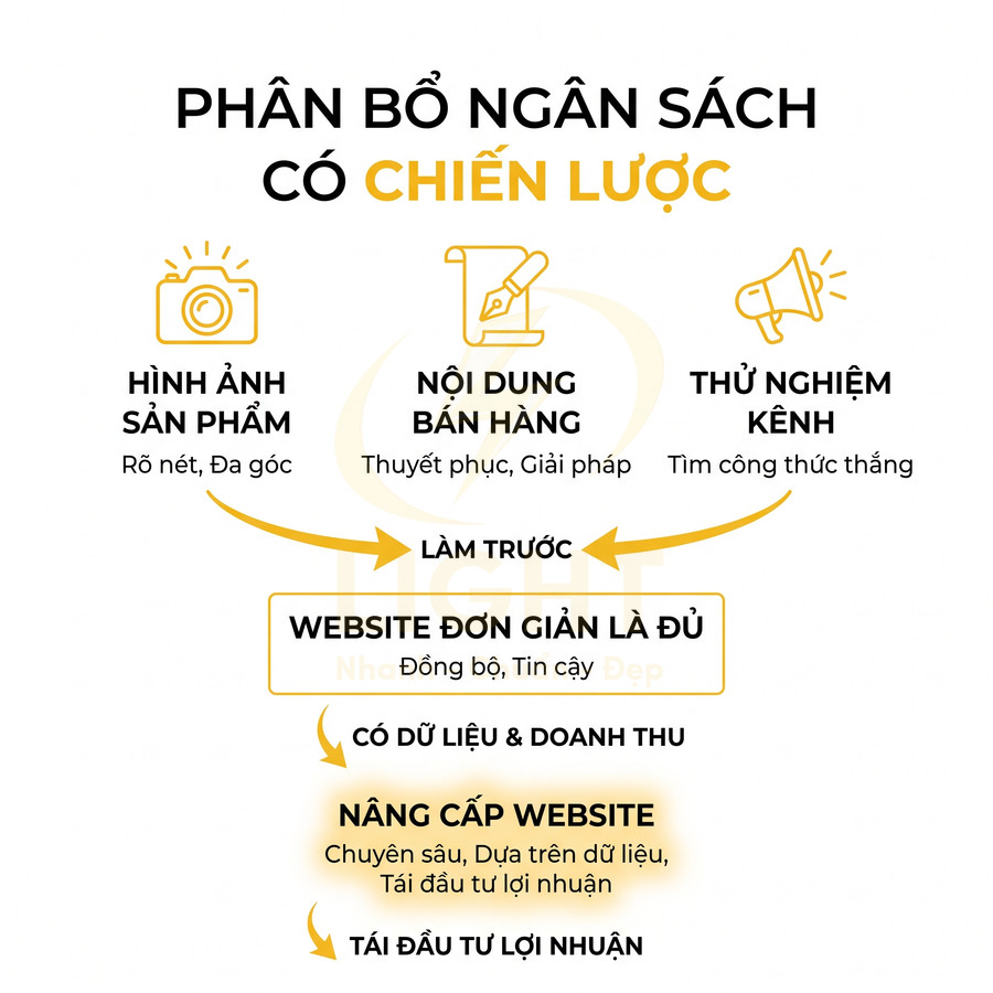 Sơ đồ phân bổ ngân sách marketing với ưu tiên hình ảnh sản phẩm, nội dung bán hàng và thử nghiệm kênh trước khi nâng cấp website