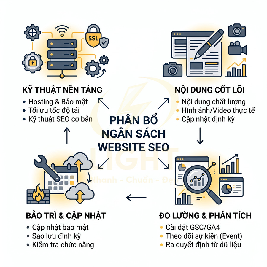 Phân bổ ngân sách SEO website với kỹ thuật nền tảng, nội dung cốt lõi, đo lường phân tích và bảo trì cập nhật