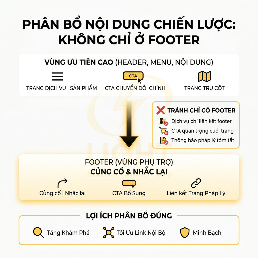 Sơ đồ phân bổ nội dung chiến lược trên website, nhấn mạnh CTA ở header và footer cùng lợi ích tối ưu chuyển đổi