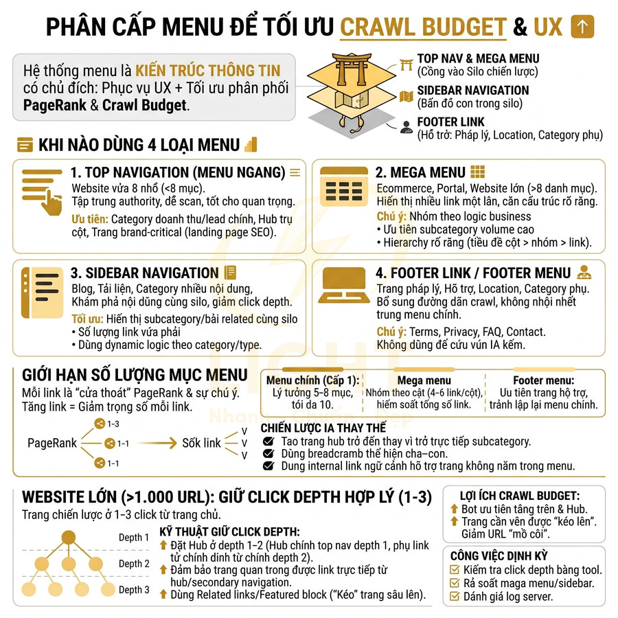 Infographic phân cấp menu website để tối ưu crawl budget và UX với top nav, mega menu, sidebar và footer menu