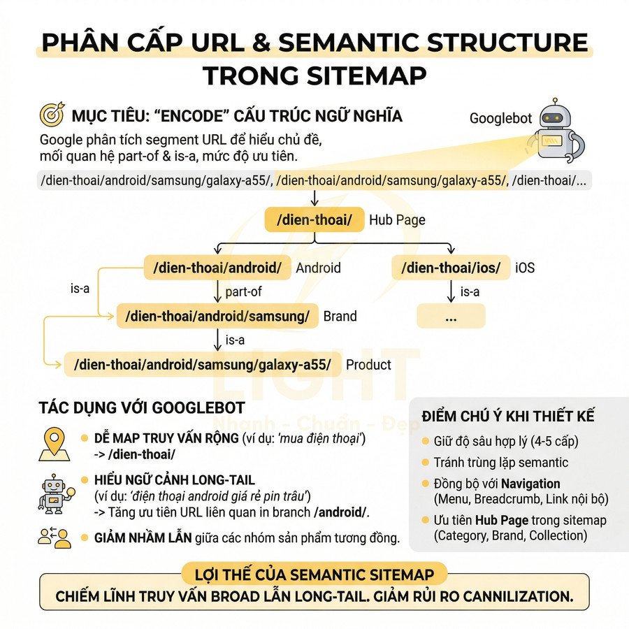 Sơ đồ phân cấp URL semantic trong sitemap cho danh mục điện thoại Android Samsung Galaxy A55