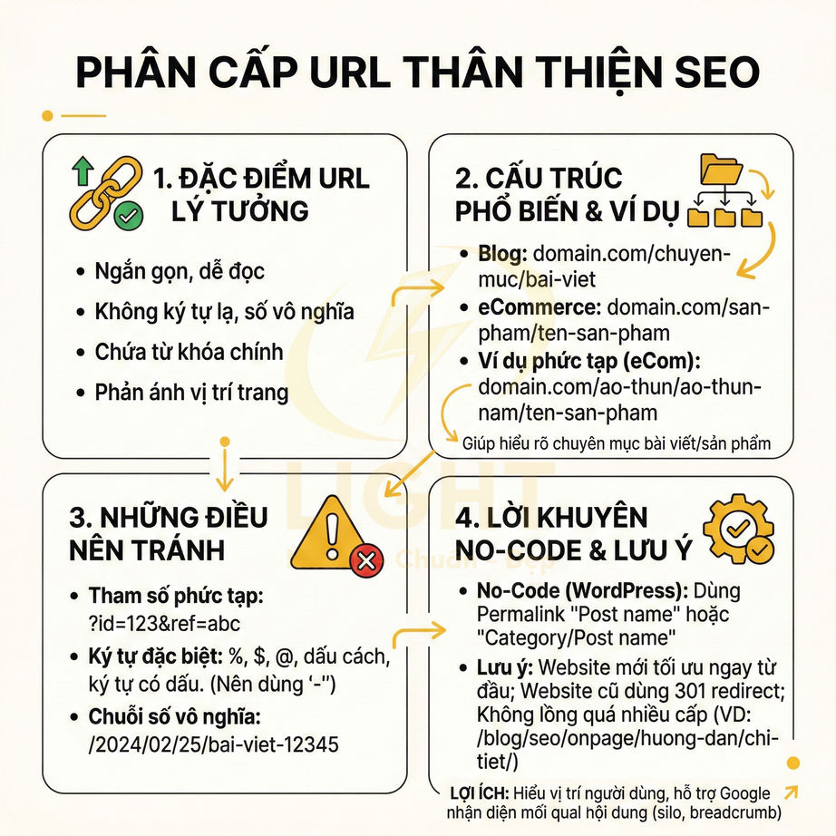 Hướng dẫn phân cấp URL thân thiện SEO với đặc điểm URL lý tưởng, cấu trúc phổ biến, lỗi cần tránh và lưu ý tối ưu website