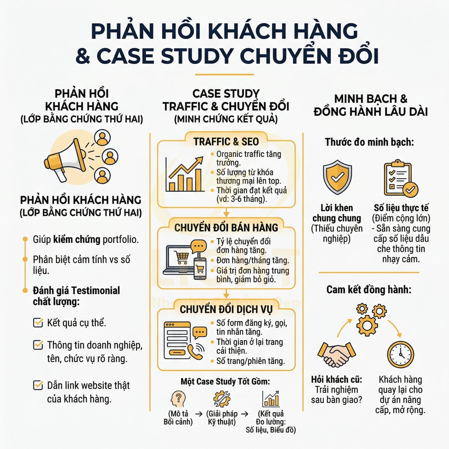 Infographic tiếng Việt về phản hồi khách hàng, case study chuyển đổi, traffic SEO và cam kết đồng hành lâu dài
