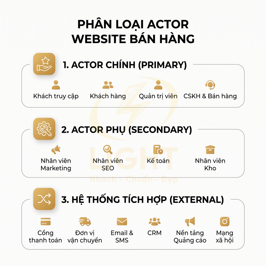 Sơ đồ phân loại actor website bán hàng gồm actor chính phụ và hệ thống tích hợp external