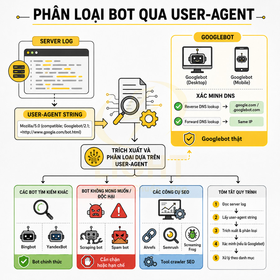 Sơ đồ phân loại bot qua user agent, nhận diện Googlebot, bot tìm kiếm, bot độc hại và các tool SEO để quản lý truy cập