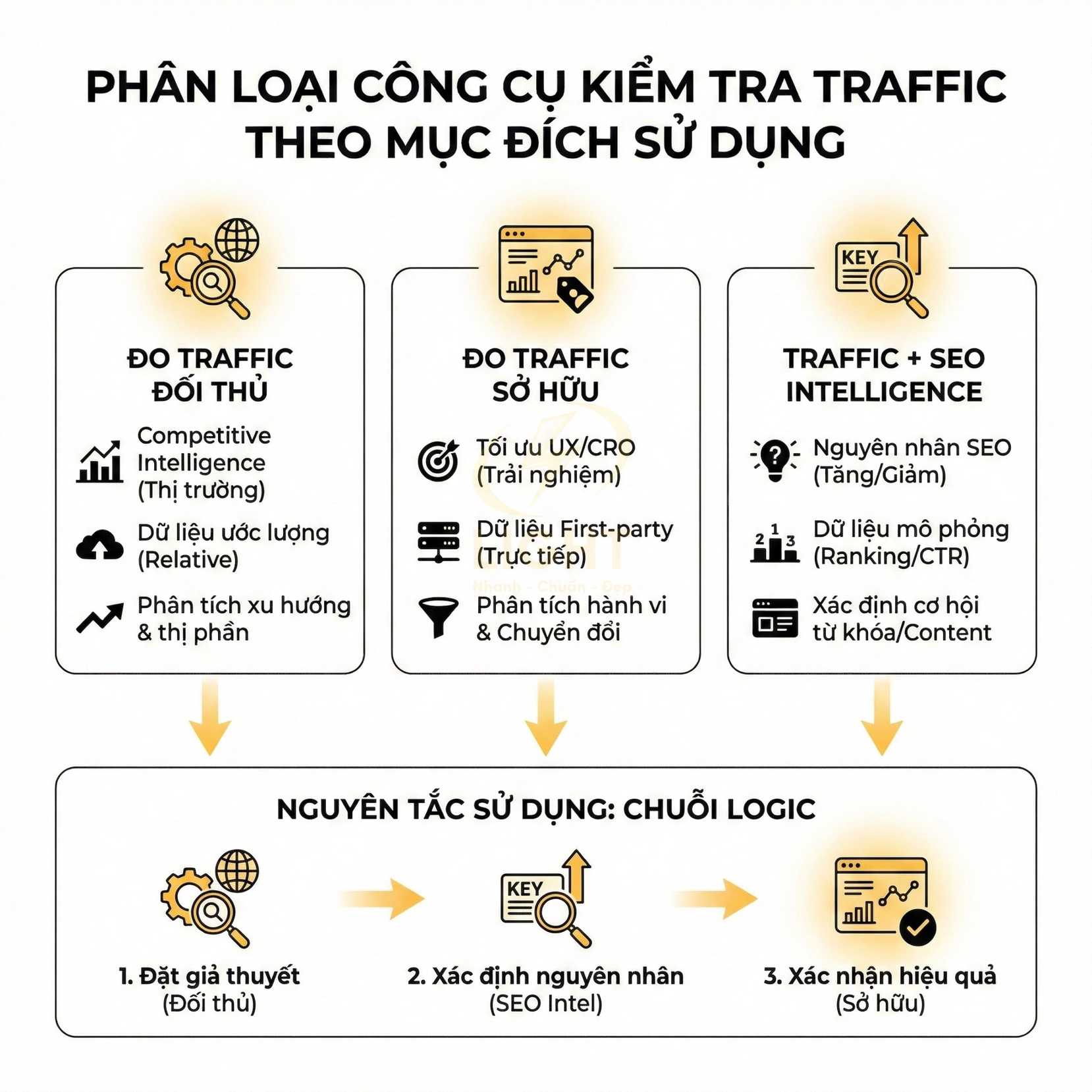 Sơ đồ phân loại công cụ kiểm tra traffic theo mục đích sử dụng và nguyên tắc chuỗi logic trong SEO