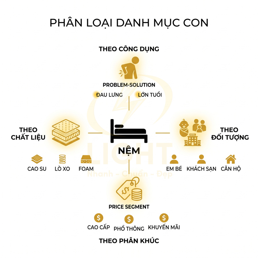 Sơ đồ phân loại nệm theo công dụng, chất liệu, đối tượng sử dụng và phân khúc giá bán