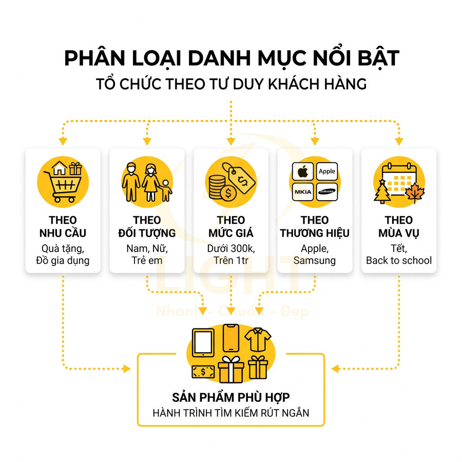 Sơ đồ phân loại sản phẩm theo nhu cầu, đối tượng, mức giá, thương hiệu Apple Samsung và mùa vụ để gợi ý sản phẩm phù hợp