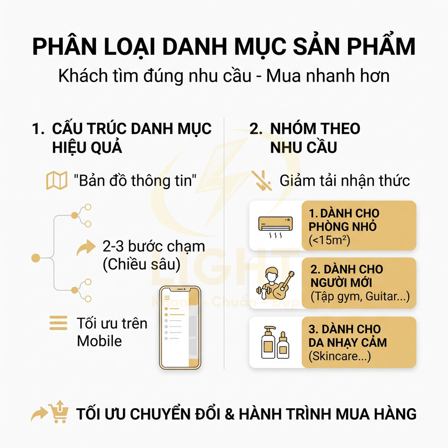 Infographic phân loại danh mục sản phẩm theo cấu trúc hiệu quả và nhóm nhu cầu để tối ưu chuyển đổi mua hàng