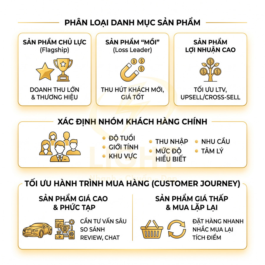 Sơ đồ phân loại danh mục sản phẩm, nhóm khách hàng và tối ưu hành trình mua hàng trong marketing