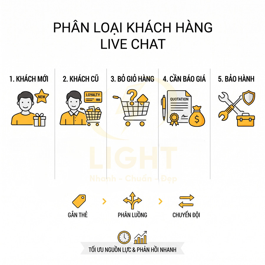 Phân loại khách hàng live chat gồm khách mới, khách cũ, bỏ giỏ hàng, cần báo giá và bảo hành