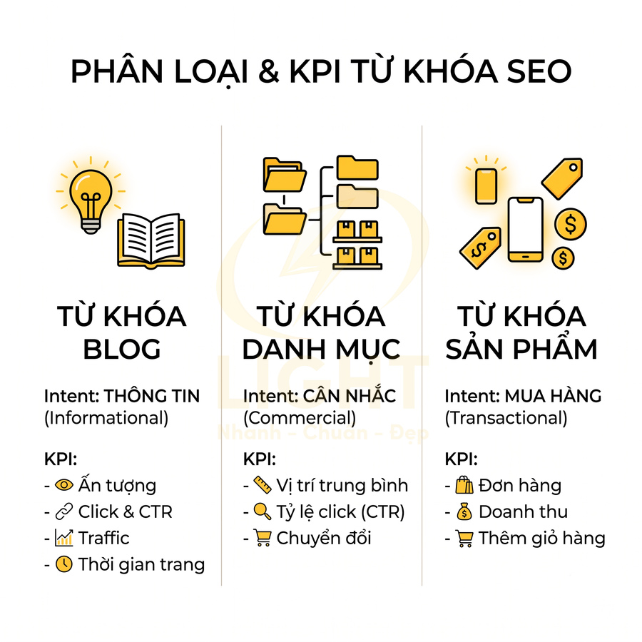Phân loại và KPI từ khóa SEO cho blog, danh mục và sản phẩm với intent và chỉ số đo lường chi tiết