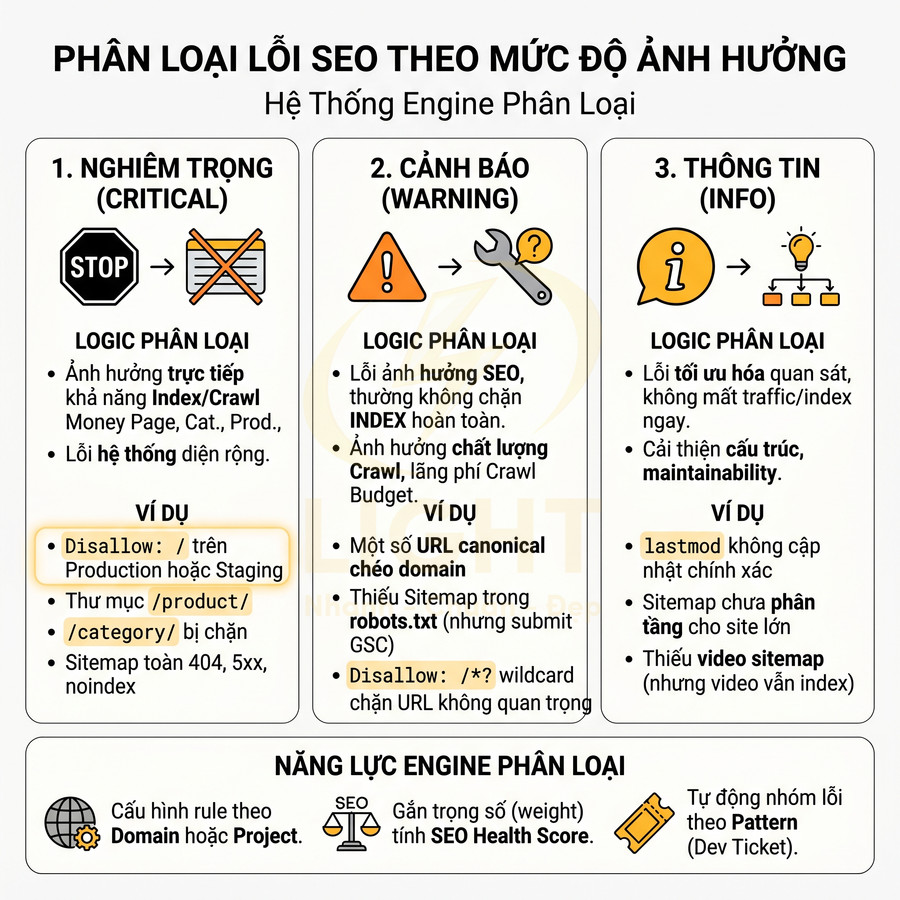 Phân loại lỗi SEO theo mức độ ảnh hưởng với ví dụ lỗi nghiêm trọng, cảnh báo và thông tin kèm logic phân loại
